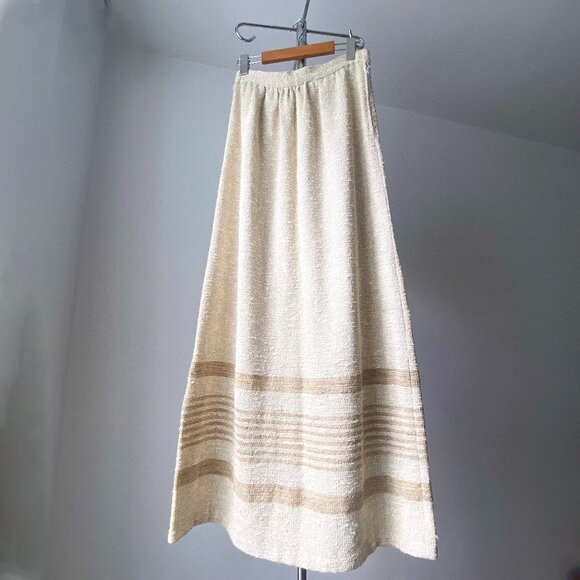 🍂 70s Vintage Cream & Tan A-Line Knitted Maxi Wool Skirt with Beige Horizontal - Picture 1 of 6